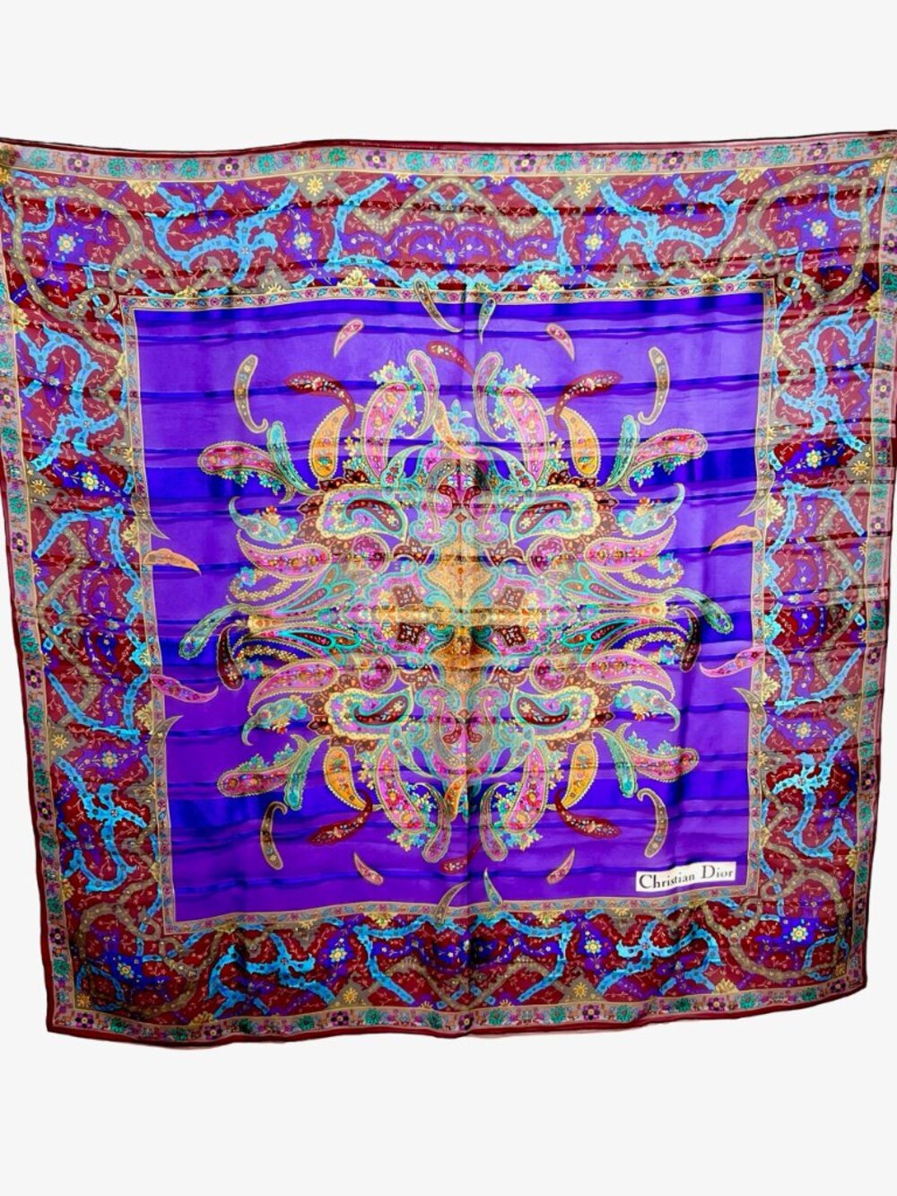 Christian Dior Soft 00% Silk Scarf Chiffon & Satin PurplePaisley Floral 31"(21 - Picture 12 of 14